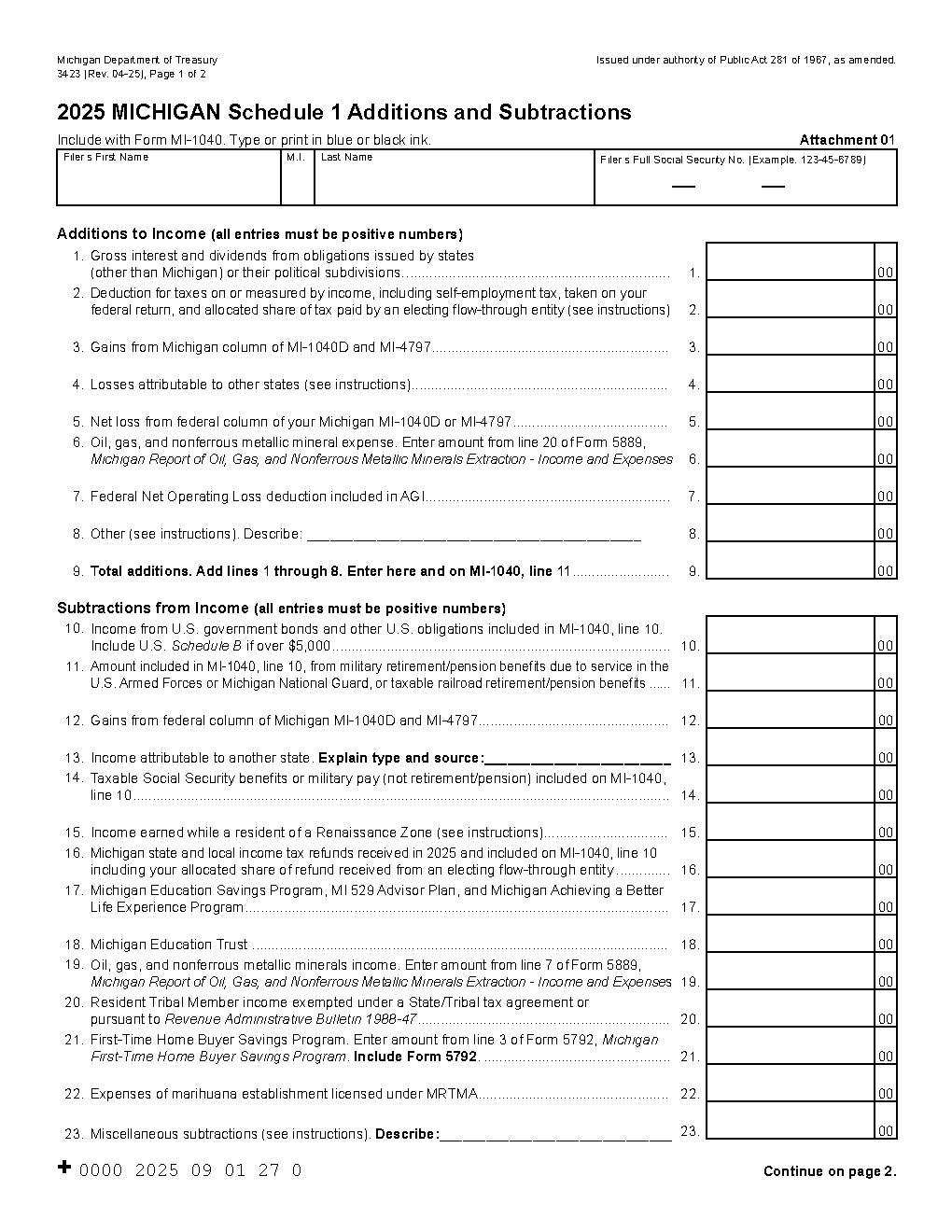 Michigan Schedule 1 (Form 3423) — Additions and Subtractions