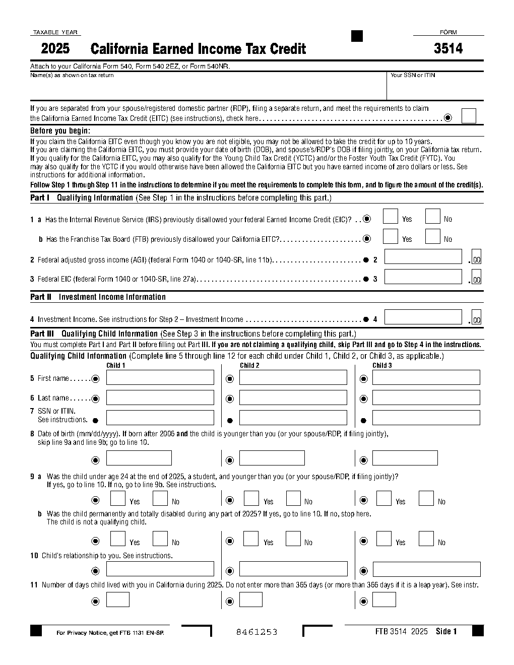 California FTB 3514 — California Earned Income Tax Credit