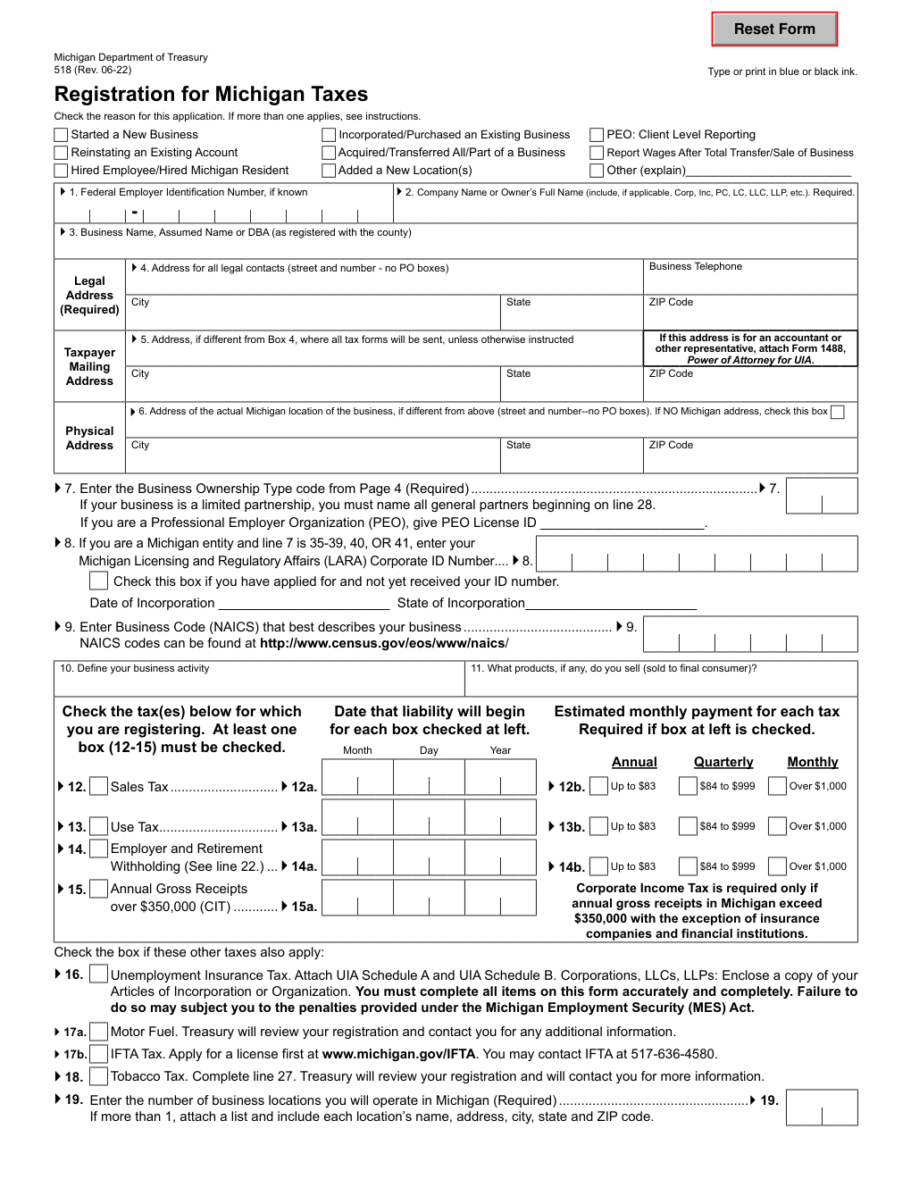 Michigan Form 518 — Registration for Michigan Taxes