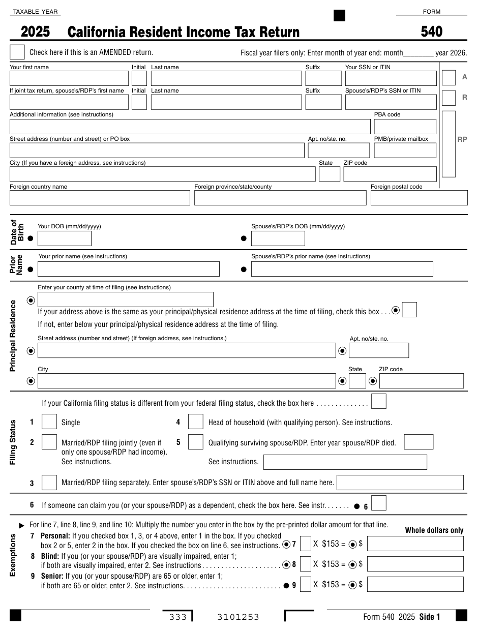 California Form 540 — Resident Income Tax Return