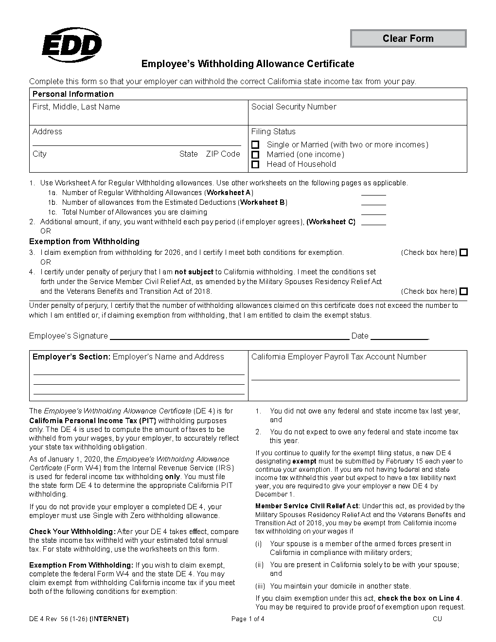 California Form DE 4 — Employee's Withholding Allowance Certificate