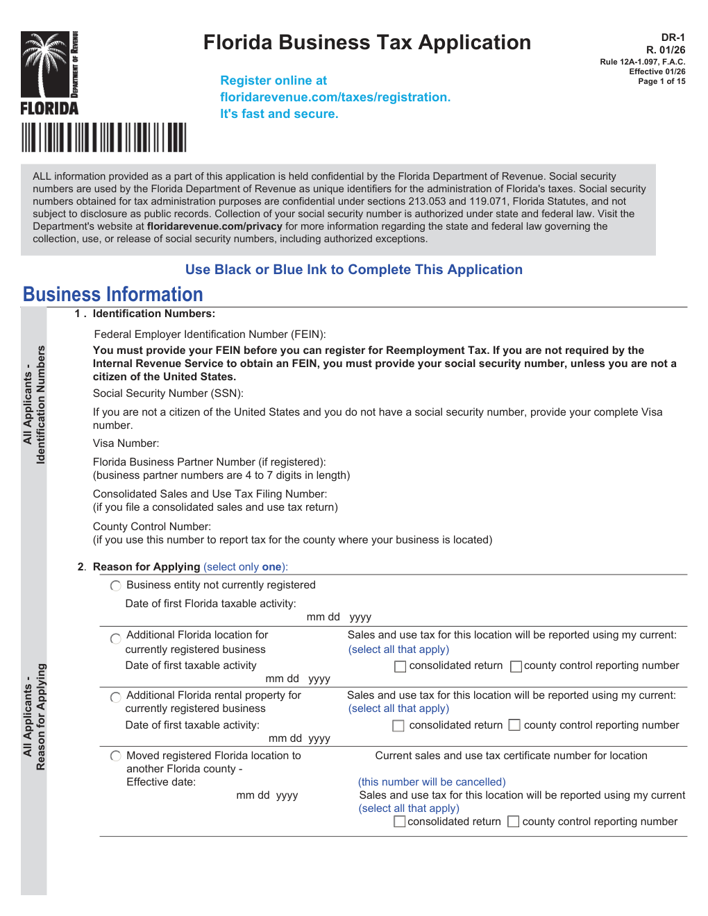 Florida Form DR-1 — Florida Business Tax Application