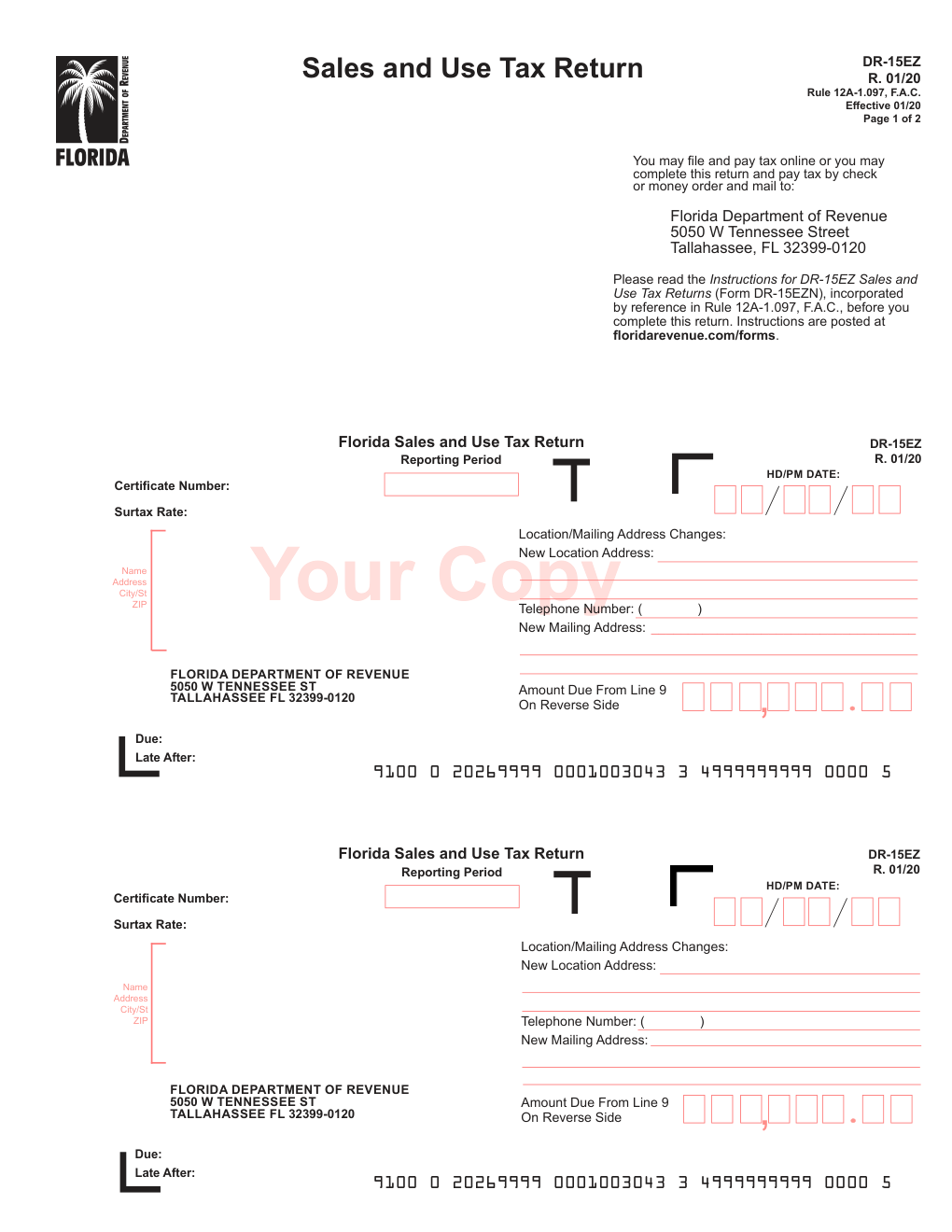 Florida Form DR-15EZ — Sales and Use Tax Return (Short Form)