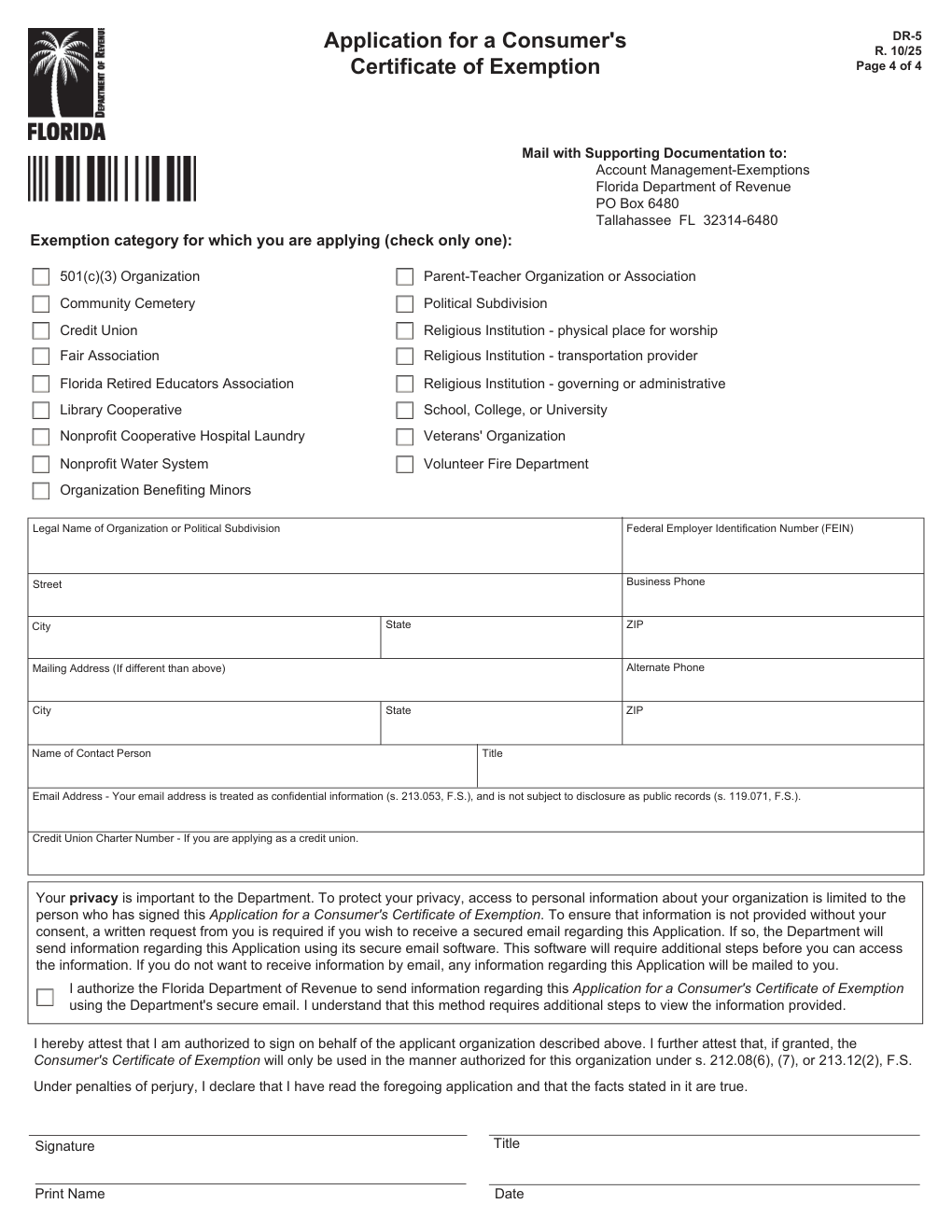 Florida Form DR-5 — Application for a Consumer's Certificate of Exemption