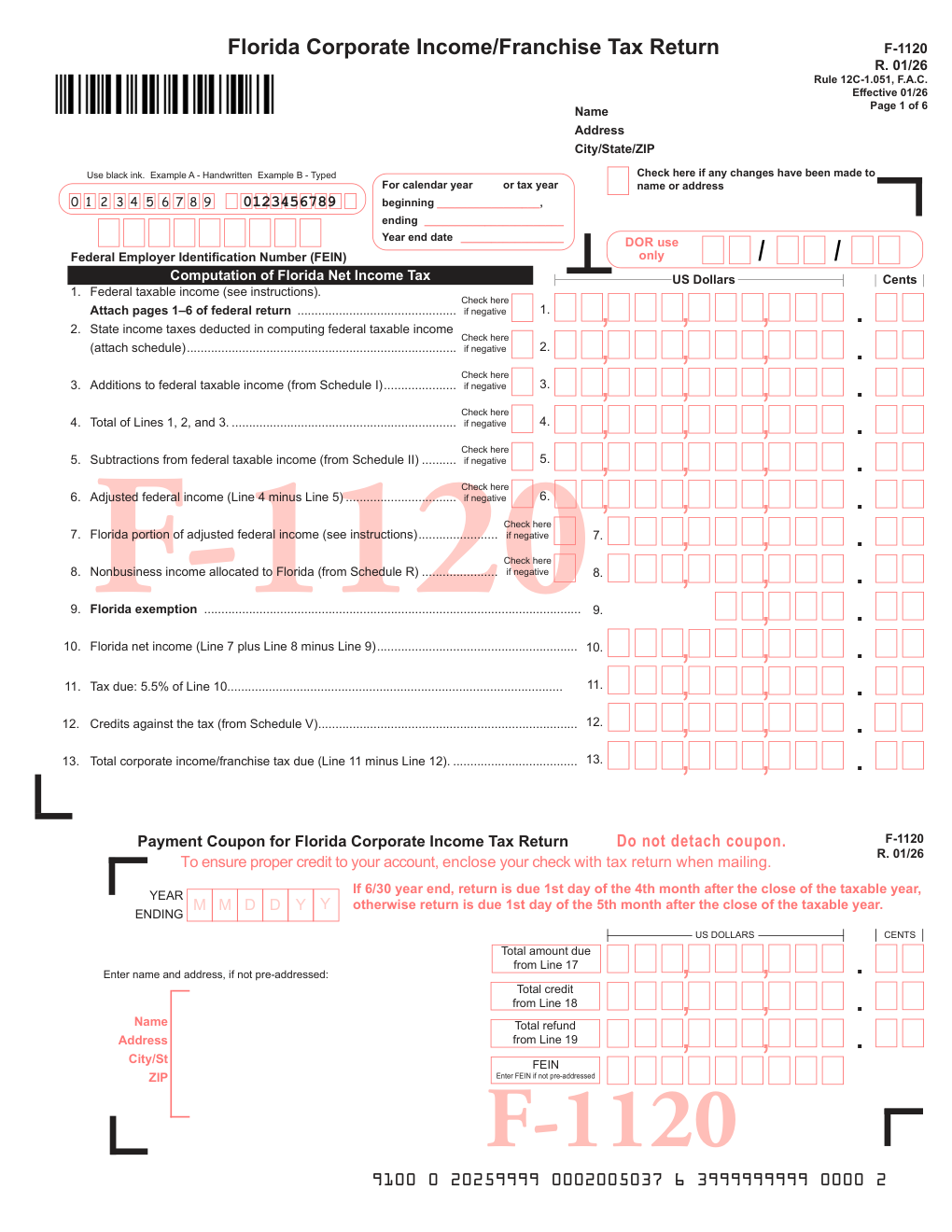 Florida Form F-1120 — Corporate Income/Franchise Tax Return 2025-2026