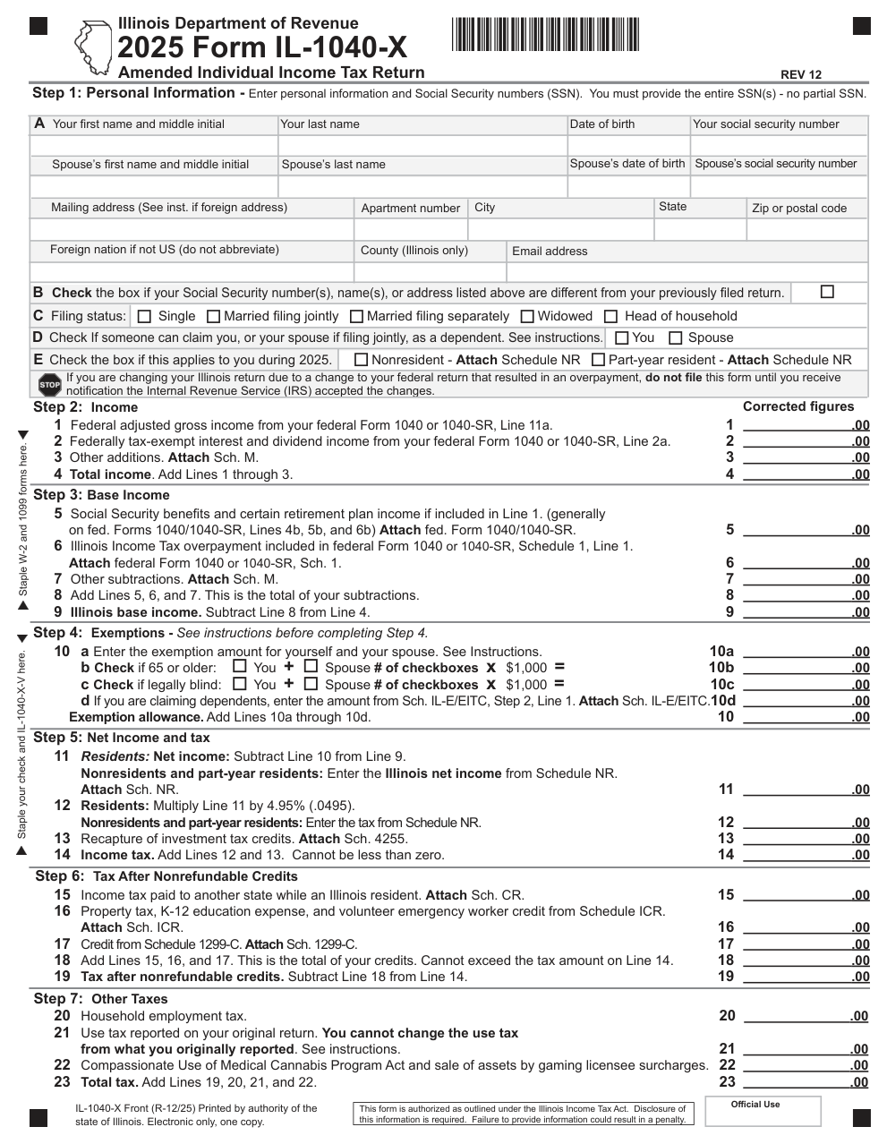 Illinois Form IL-1040-X — Amended Individual Income Tax Return