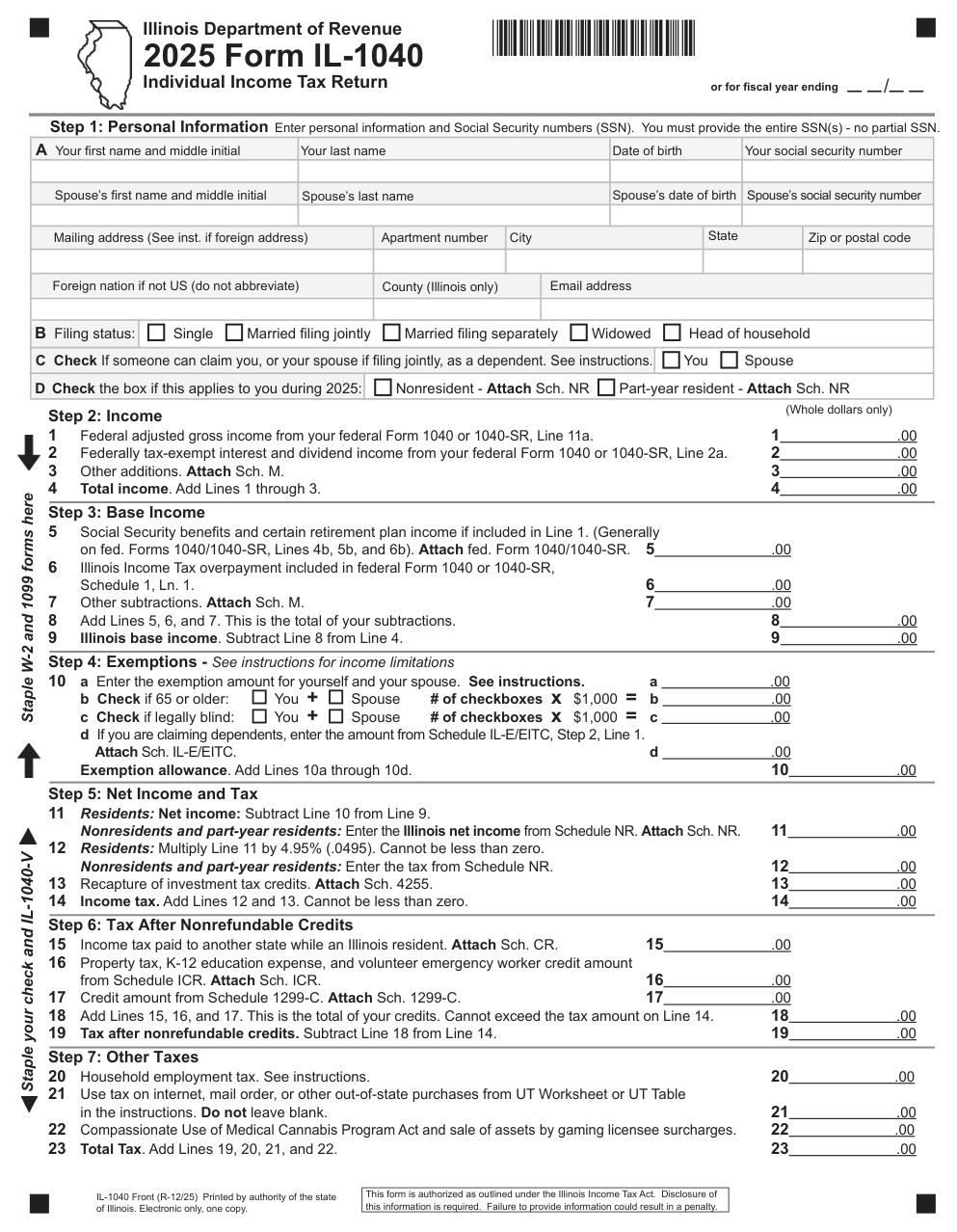 First page of the official Illinois Form IL-1040