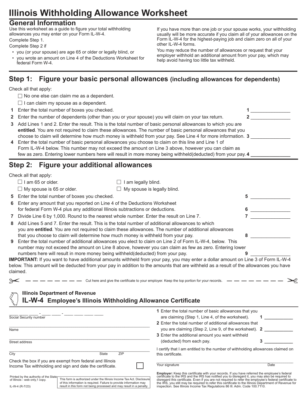 Illinois Form IL-W-4 — Employee's and Other Payee's Illinois Withholding Allowance Certificate