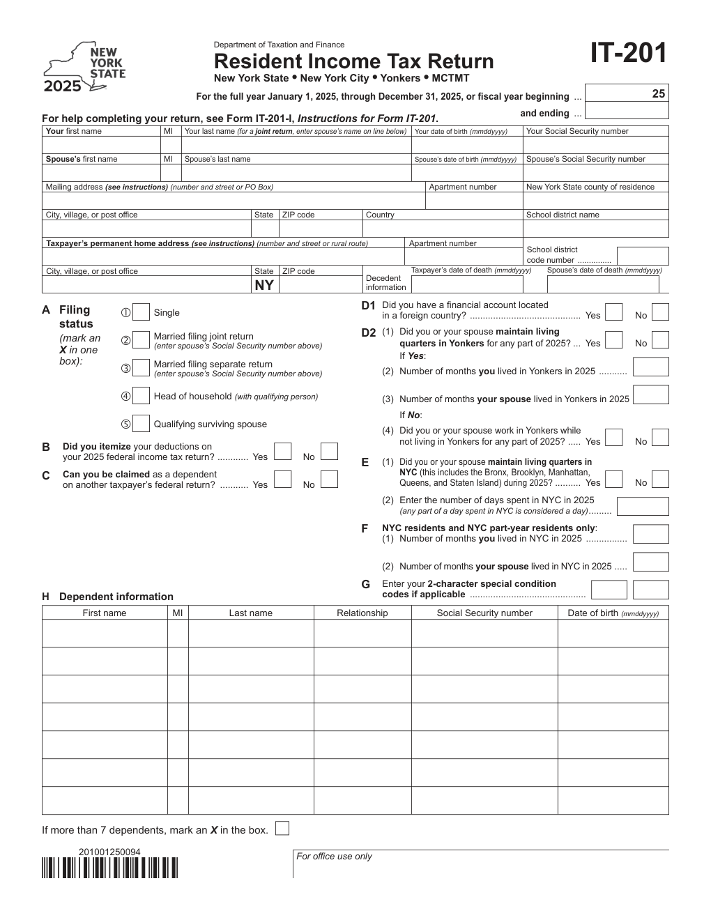 New York Form IT-201 — Resident Income Tax Return