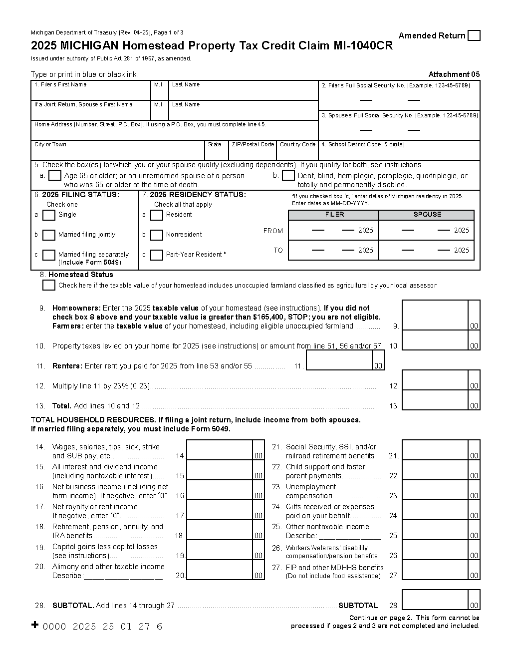 Michigan Form MI-1040CR — Homestead Property Tax Credit Claim
