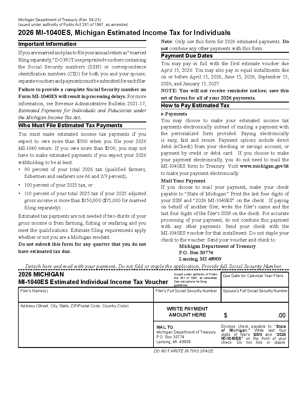 Michigan Form MI-1040ES — 2026 Estimated Individual Income Tax Voucher