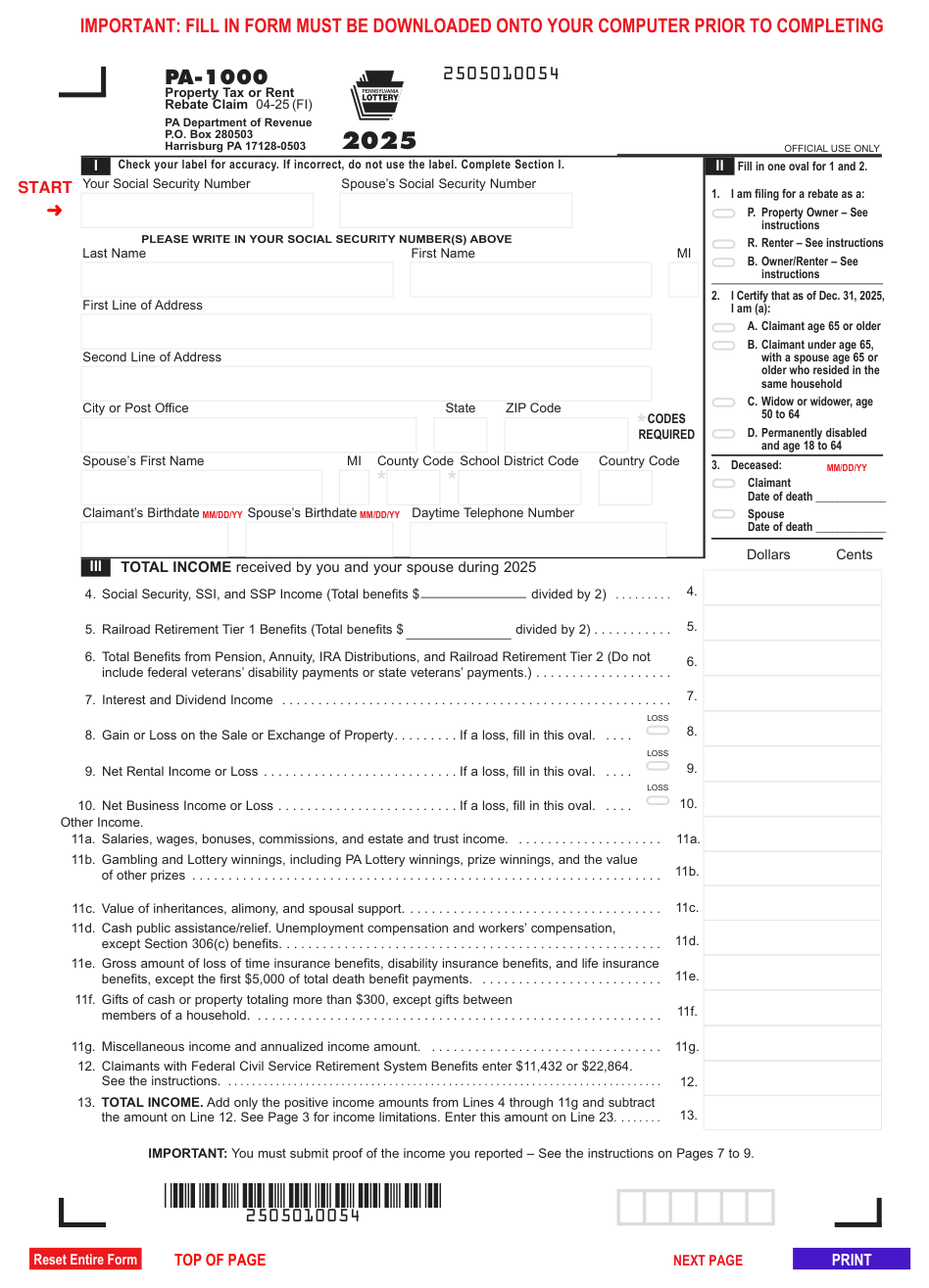 Pennsylvania Form PA-1000 — Property Tax or Rent Rebate Claim