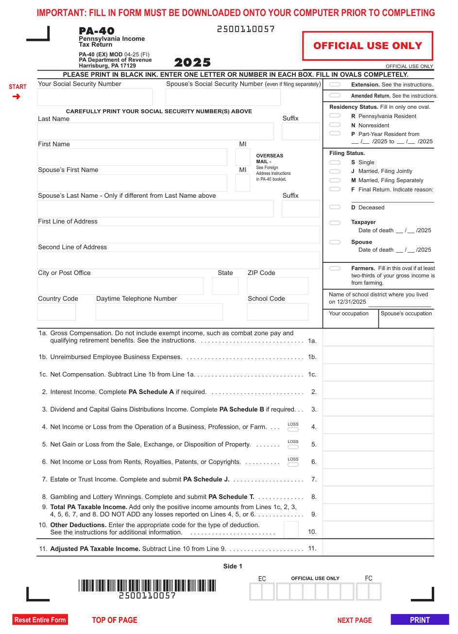 First page of the official Pennsylvania Form PA-40