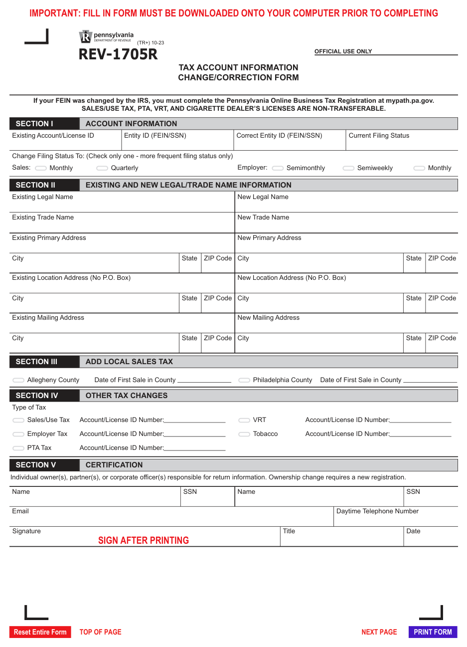 Pennsylvania Form REV-1705R — Tax Account Information Change/Correction Form