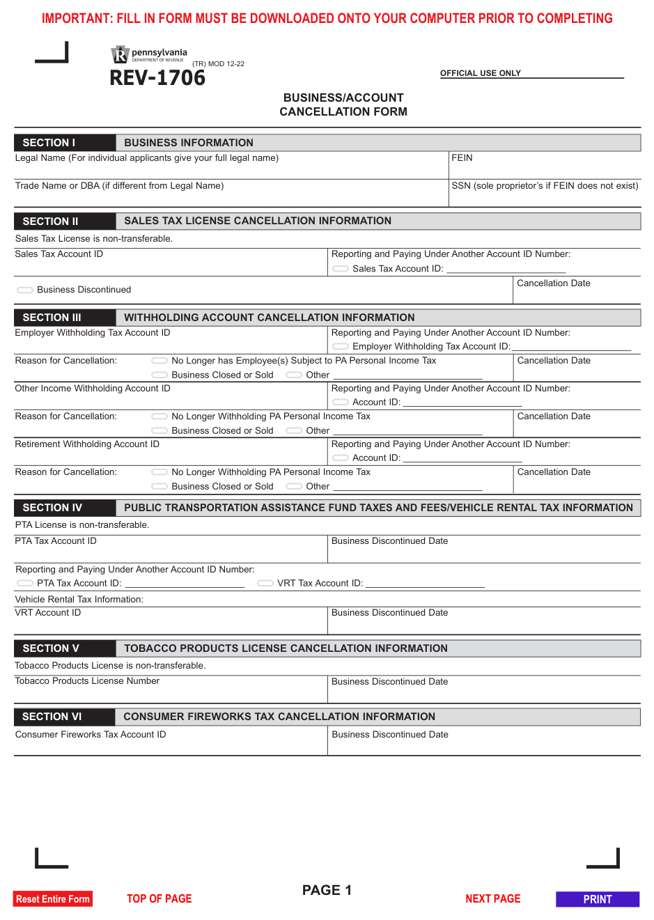 Pennsylvania Form REV-1706 — Business/Account Cancellation Form