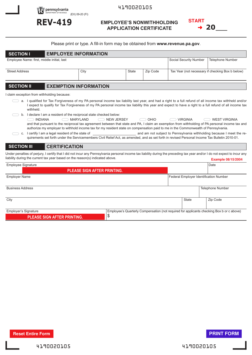 Pennsylvania Form REV-419 — Employee's Nonwithholding Application Certificate