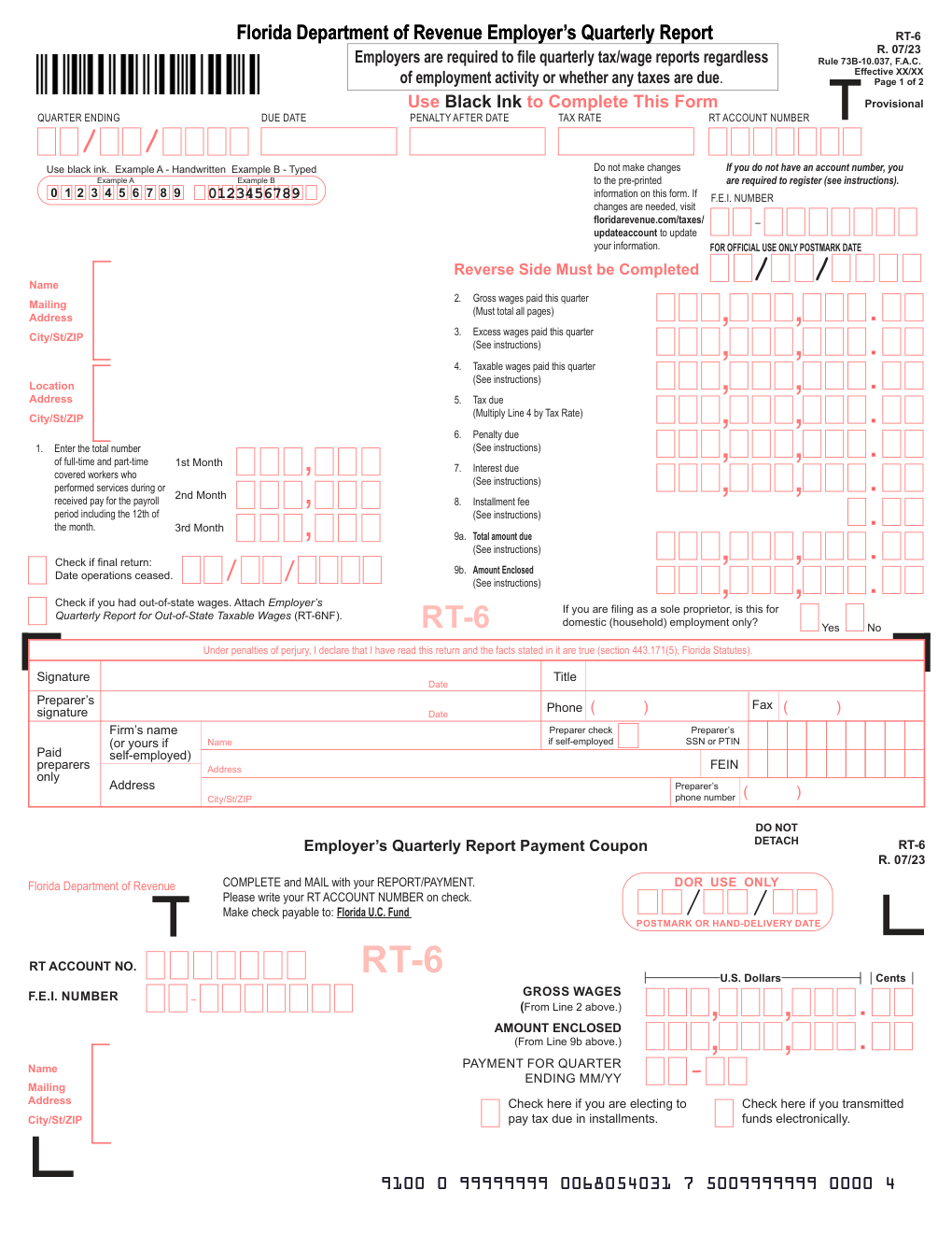 Florida Form RT-6 — Employer's Quarterly Report (Reemployment Tax)