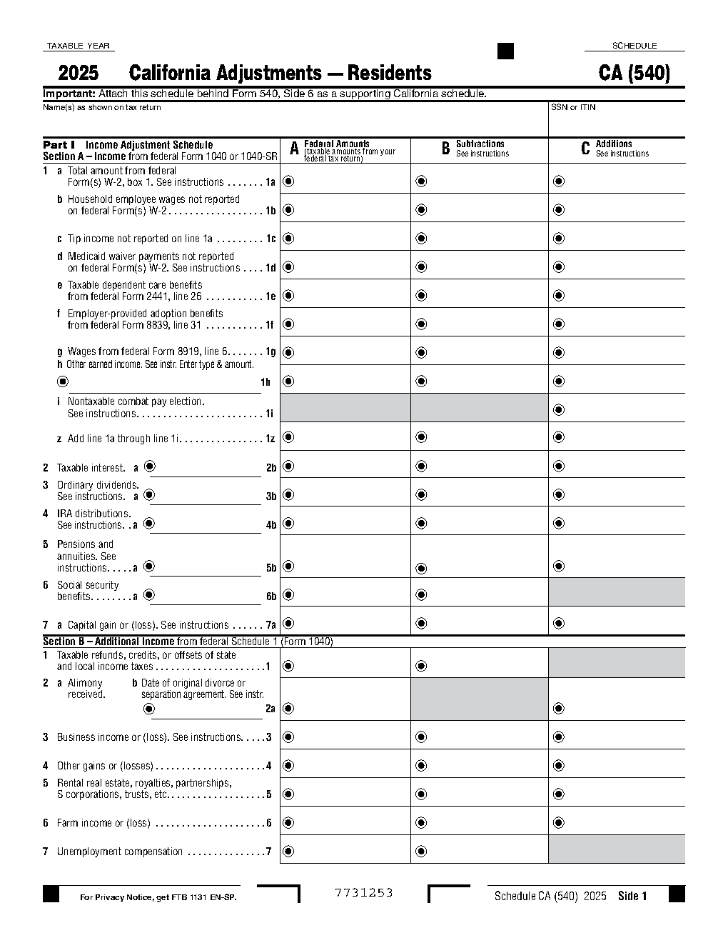 California Schedule CA (540) — California Adjustments, Residents
