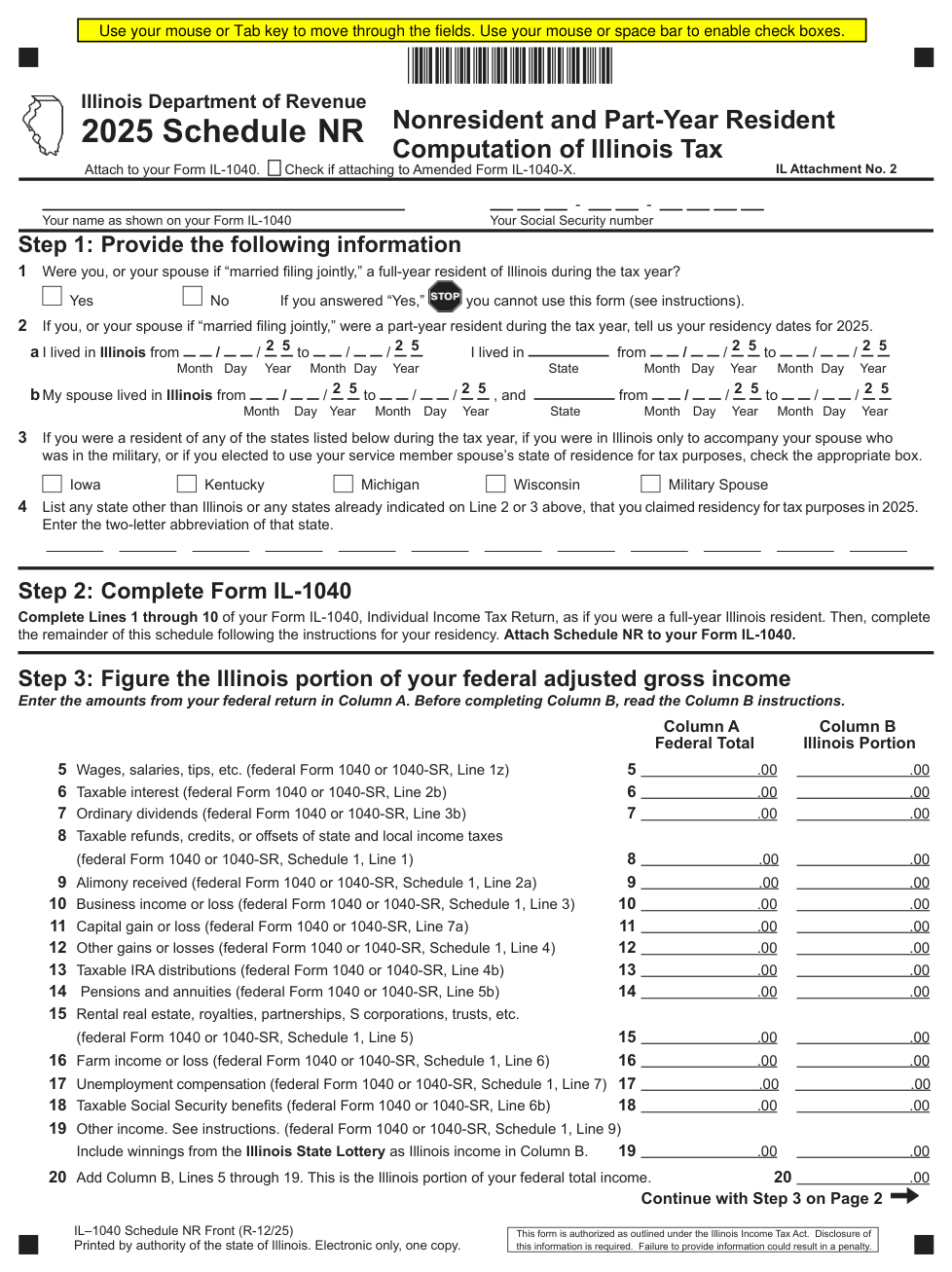 Illinois Schedule NR — Nonresident and Part-Year Resident Computation of Illinois Tax