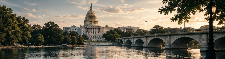 A state capitol building beside a river bridge at dusk