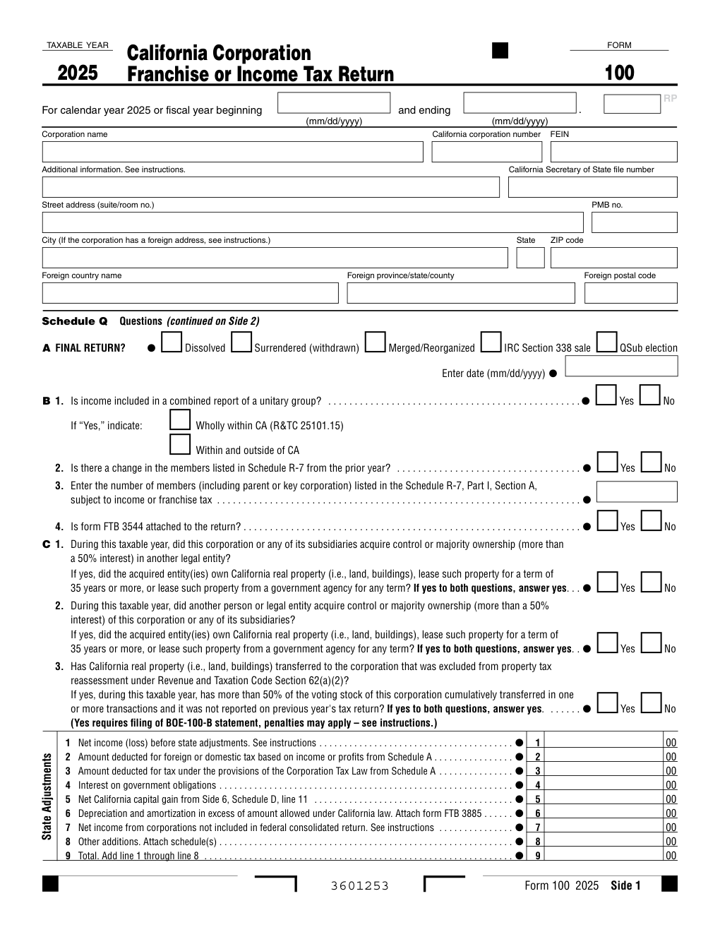 California Form 100 — Corporation Franchise or Income Tax Return 2025-2026