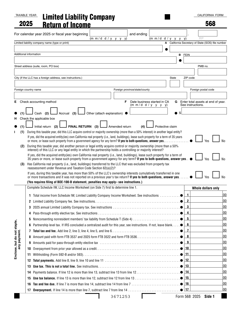 California Form 568 — Limited Liability Company Return of Income 2025-2026