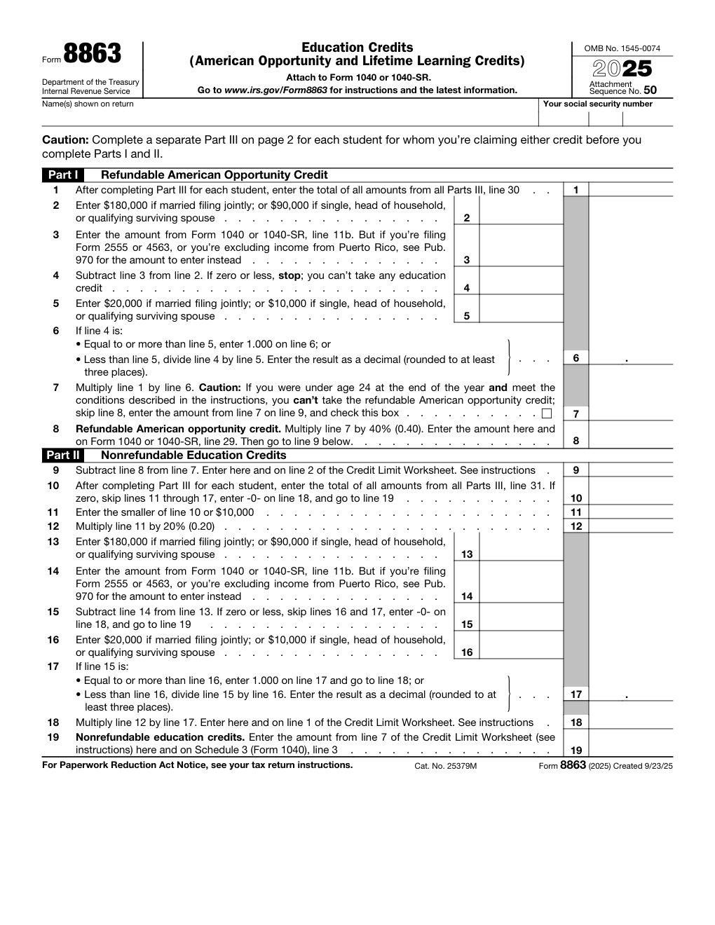 IRS Form 8863 — Education Credits (American Opportunity and Lifetime Learning Credits)