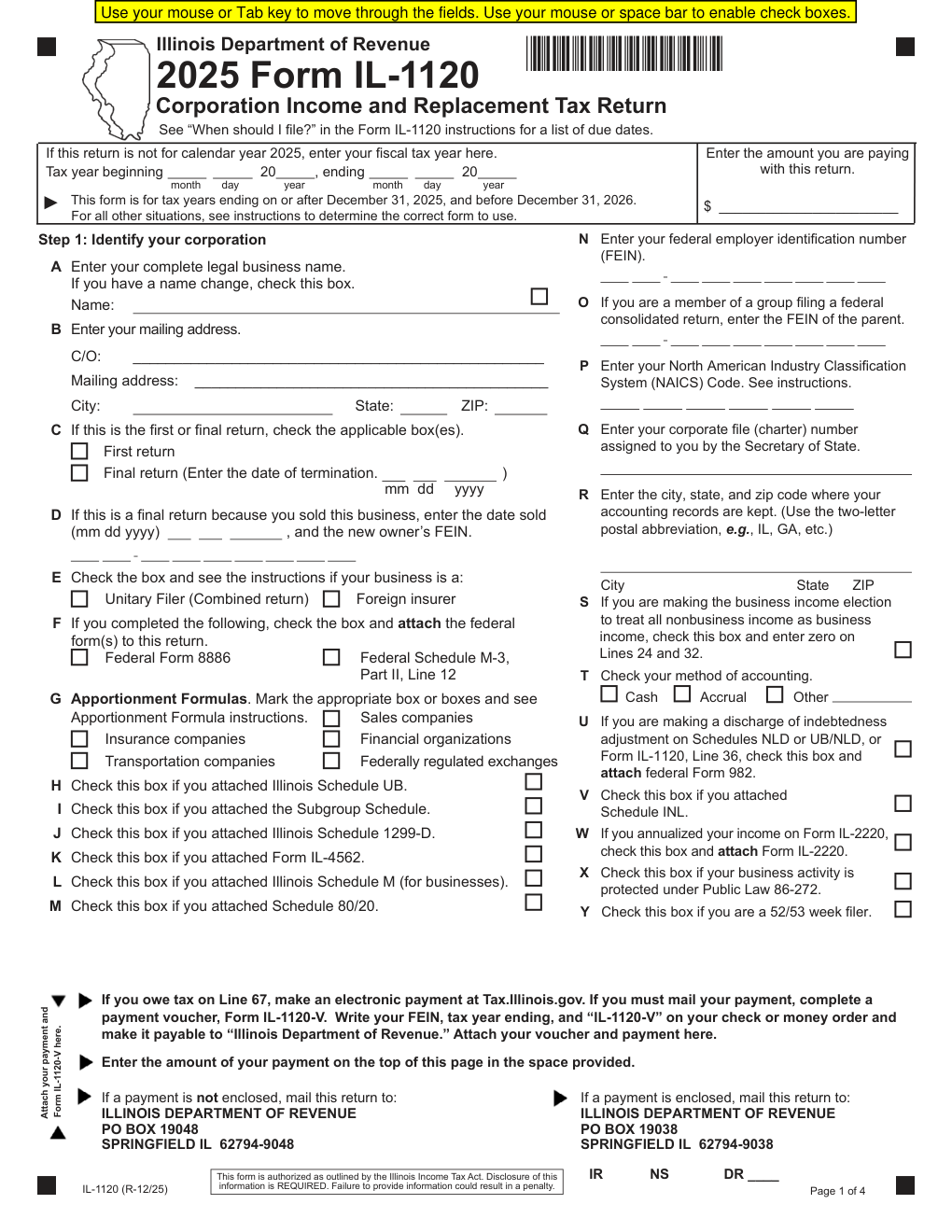 Illinois Form IL-1120 — Corporation Income and Replacement Tax Return 2025-2026