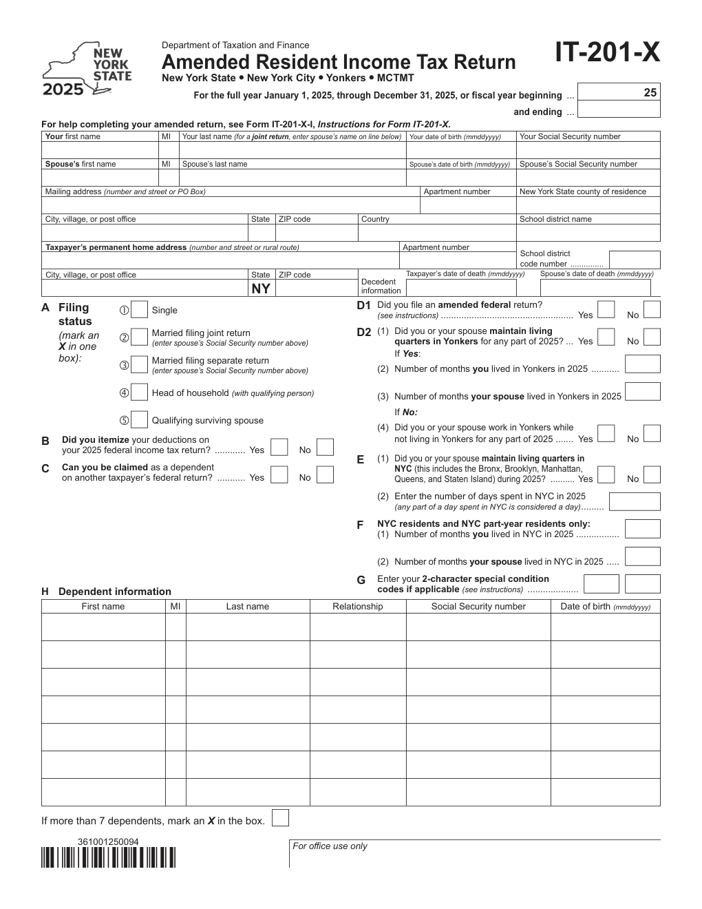 New York Form IT-201-X — Amended Resident Income Tax Return 2025-2026