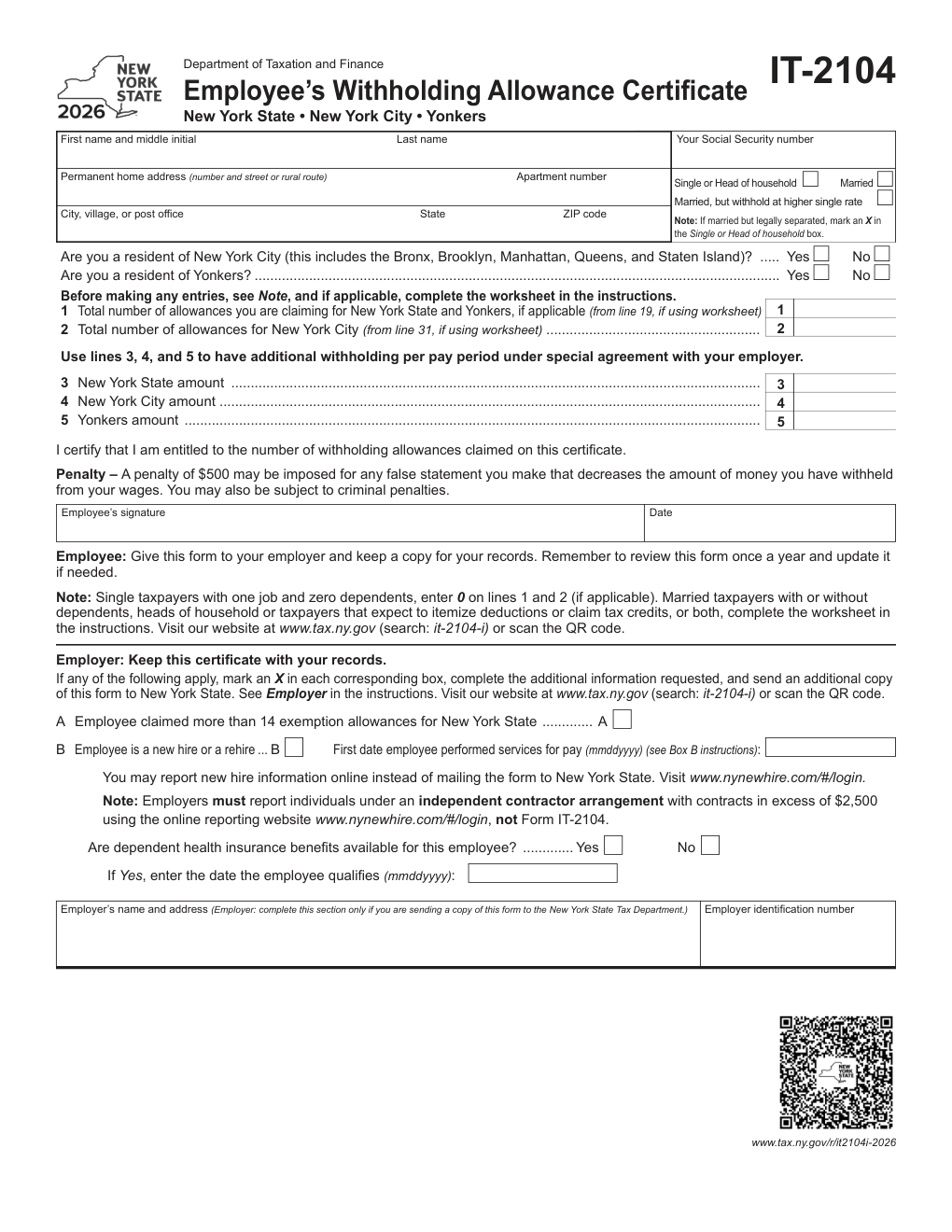 New York Form IT-2104 — Employee's Withholding Allowance Certificate