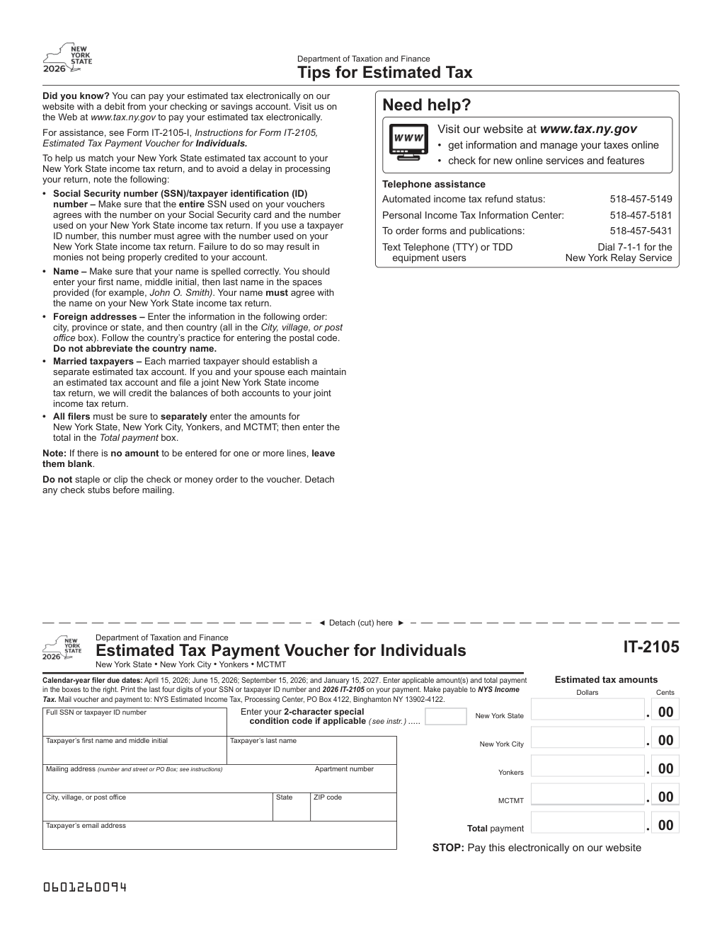 New York Form IT-2105 — Estimated Tax Payment Voucher for Individuals