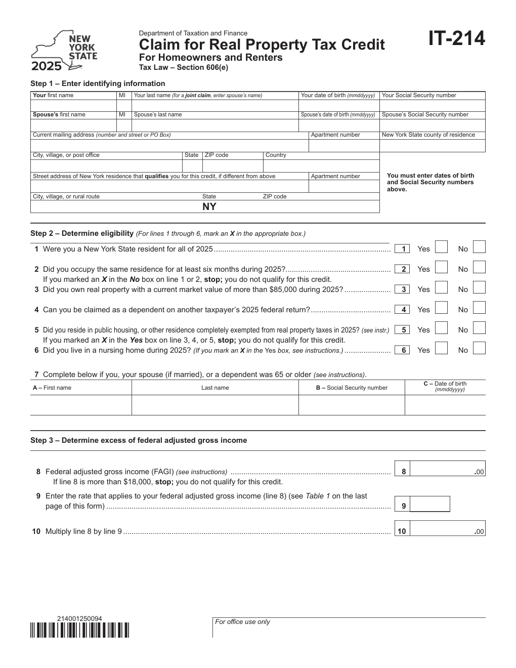New York Form IT-214 — Claim for Real Property Tax Credit for Homeowners and Renters