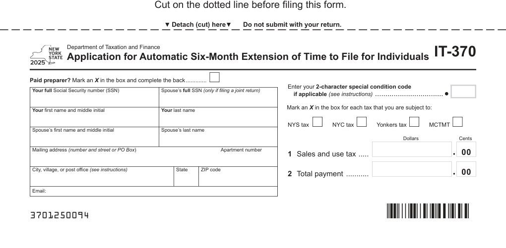 New York Form IT-370 — Application for Automatic Six-Month Extension of Time to File for Individuals