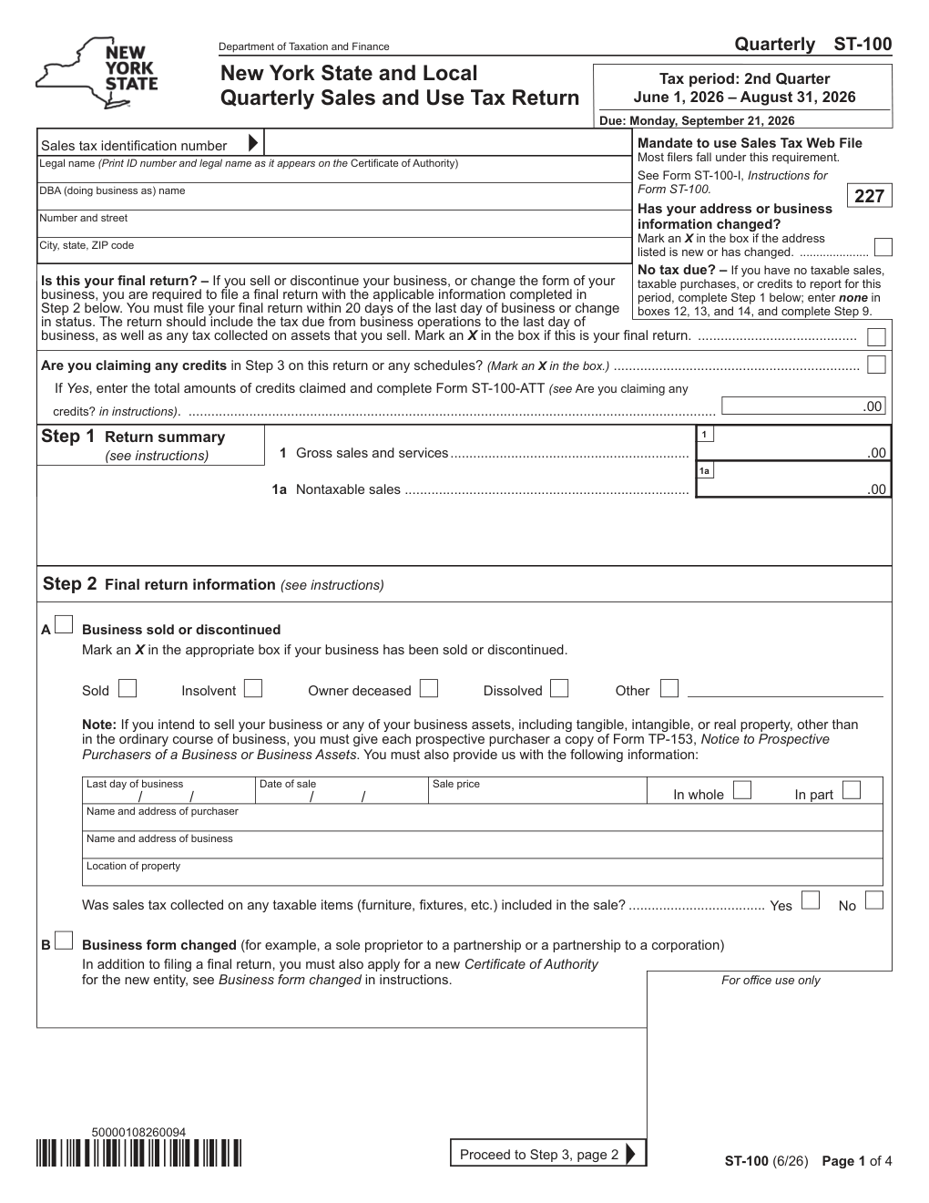New York Form ST-100 — New York State and Local Quarterly Sales and Use Tax Return